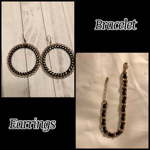 😃Gold Tone & Leather Bracelet & Earring Set